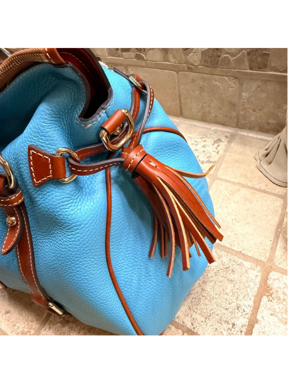 Dooney & Bourke Pebble Leather Large Satchel Sky Blue Brown Tassel Shoulder Bag - Picture 12 of 15